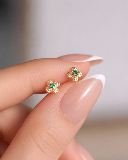 8k gold filled flower stud earrings with green zirconia 6mm 0.24 inches minimalist floral jewelry hypoallergenic secure screw back luxury gold earrings for women