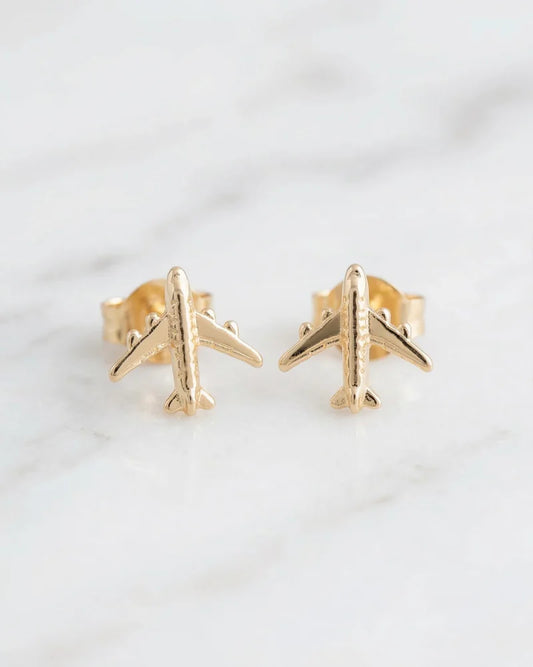 Artisan 18k gold filled airplane stud earrings 0.27 inches 0.7cm minimalist aviation jewelry hypoallergenic secure screw back durable gold jewelry for travelers