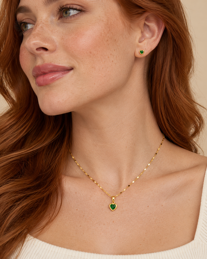 Corazón Set · Green Heart Necklace & Stud Earrings · 18k Gold Filled · Handmade in Colombia