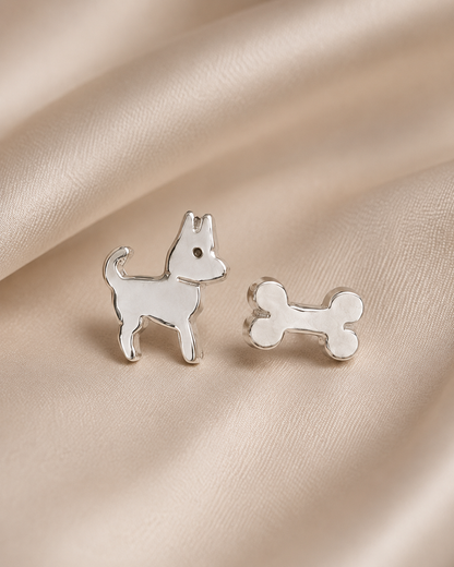 Puppy & Bone Stud Earrings · Sterling Silver Dog Lover Gift