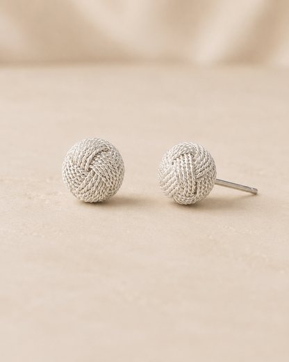 Handcrafted filigree knot stud earrings in Colombian 925 sterling silver. Bold 10 mm woven design made by hand in Santa Fe de Antioquia.