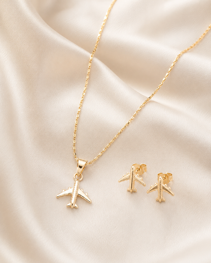 Gold Filled Airplane Jewelry Set: 1mm Caracol Chain (45cm) & Small Stud Earrings