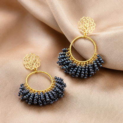  Navy blue seed bead statement earrings with 18k gold plated filigree rosette on beige silk, handmade in Colombia